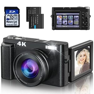 4K Digital Camera with SD Card [Autofocus & Anti-Shake] 48MP Video Camera for Beginners' Photography Vlogging YouTube, 16X Zoom 180° Flip Screen Compact Travel Camera with 2 Rechargeable Batteries