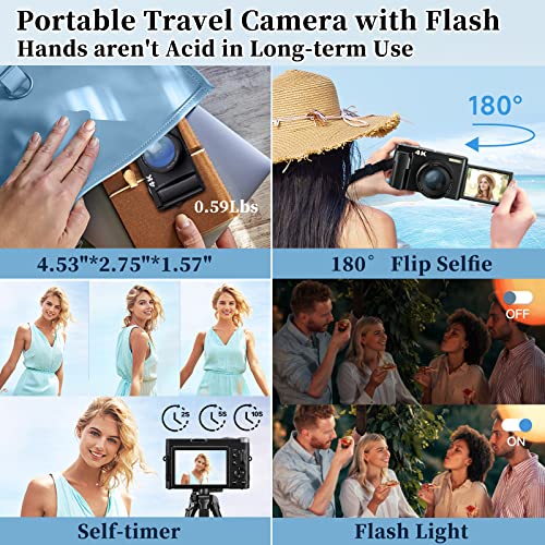 4K Digital Camera with SD Card [Autofocus & Anti-Shake] 48MP Video Camera for Beginners' Photography Vlogging YouTube, 16X Zoom 180° Flip Screen Compact Travel Camera with 2 Rechargeable Batteries