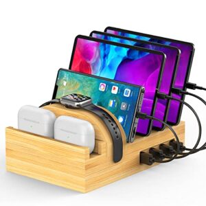 bamboo charging station for multiple devices, alltripal wood desktop docking station 7-port multi-charger organizer fast usb charger compatible with iphone, ipad, airpods, iwatch, cell phone, tablet