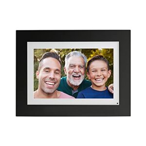 brookstone photoshare 8” smart digital picture frame, send pics from phone to frames, wifi, 8 gb, holds 5,000+ pics, hd touchscreen, premium black wood, easy setup, no fees