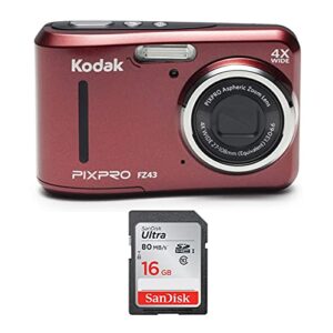 kodak pixpro fz43 friendly zoom (red) with 16gb sd card bundle (2 items)