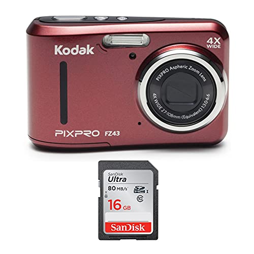 Kodak PIXPRO FZ43 Friendly Zoom (Red) with 16GB SD Card Bundle (2 Items)