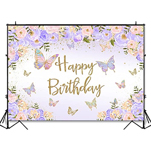 Avezano Purple Butterfly Birthday Backdrop for Girl's Purple Peach Floral Pastel Butterflies Birthday Background Pink Lilac Purple Gold Wishes and Butterfly Kisses Party Decorations Photoshoot (7x5ft)