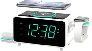emerson radio smartset alarm clock fm radio with wireless charging, bluetooth speaker, fast charging for airpods/iphone, foldable stand, usb charger, adjustable led glow, er100501, black/neon