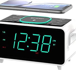 Emerson Radio Smartset Alarm Clock FM Radio with Wireless Charging, Bluetooth Speaker, Fast Charging for Airpods/iPhone, Foldable Stand, USB Charger, Adjustable LED Glow, ER100501, Black/Neon