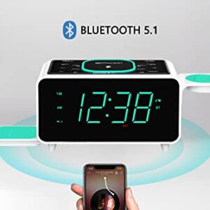 Emerson Radio Smartset Alarm Clock FM Radio with Wireless Charging, Bluetooth Speaker, Fast Charging for Airpods/iPhone, Foldable Stand, USB Charger, Adjustable LED Glow, ER100501, Black/Neon