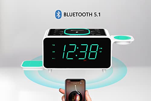 Emerson Radio Smartset Alarm Clock FM Radio with Wireless Charging, Bluetooth Speaker, Fast Charging for Airpods/iPhone, Foldable Stand, USB Charger, Adjustable LED Glow, ER100501, Black/Neon