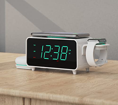 Emerson Radio Smartset Alarm Clock FM Radio with Wireless Charging, Bluetooth Speaker, Fast Charging for Airpods/iPhone, Foldable Stand, USB Charger, Adjustable LED Glow, ER100501, Black/Neon