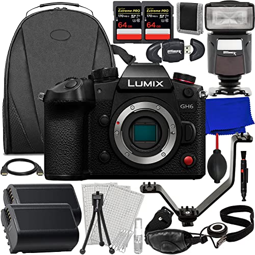 Ultimaxx Essential Bundle + Panasonic Lumix GH6 Mirrorless Camera (Body Only) + 2X SanDisk 64GB Extreme Pro SDXC, 2X Spare Batteries, V-Shaped Bracket, Universal Speedlite & Much More (27pc Bundle)