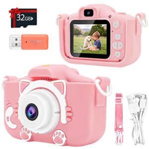 yue3000 upgrade kids cat camera,gifts for boys and girls of age 3-9, 1080p hd digital video cameras for toddler, 20m high -definition digital camera, suitable for portable toys with 32gb sd card-pink