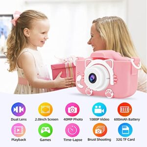 YUE3000 Upgrade Kids cat Camera,Gifts for Boys and Girls of Age 3-9, 1080P HD Digital Video Cameras for Toddler, 20M high -Definition Digital Camera, Suitable for Portable Toys with 32GB SD Card-Pink