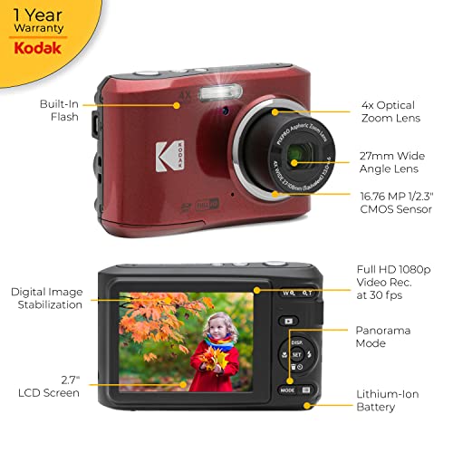 Kodak PIXPRO FZ45 Digital Camera + 32GB Memory Card + Point and Shoot Camera Case + Extendable Monopod + Lens Cleaning Pen + LCD Screen Protectors + Table Top Tripod – Ultimate Bundle (Red)