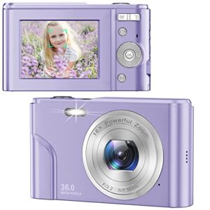 digital camera for kids girls and boys – 1080p fhd digital camera 36mp lcd screen rechargeable students compact camera kid camera with 16x digital zoom vlogging camera for teens, kids (purple)