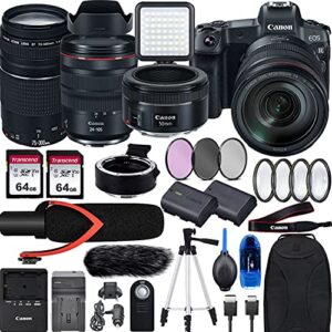 camera bundle for canon eos r with rf 24-105mm f/4 is usm lens mirrorless camera + ef 75-300 is iii, ef 50 1.8 stm, ef-eos r mount adapter, v30 microphone, led light, extra battery and accessories