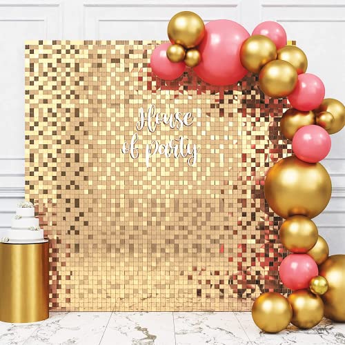 HOUSE OF PARTY Gold Shimmer Wall Backdrop -36 Panels Square Sequin Shimmer Backdrop for Birthday Wedding Anniversary Engagement Baby Shower & Bachelorette Decorations Party