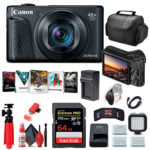 Canon PowerShot SX740 HS Digital Camera (Black) (2955C001) + 64GB Memory Card + 2 x NB13L Battery + Corel Photo Software + Charger + Card Reader + LED Light + Soft Bag + More (Renewed)