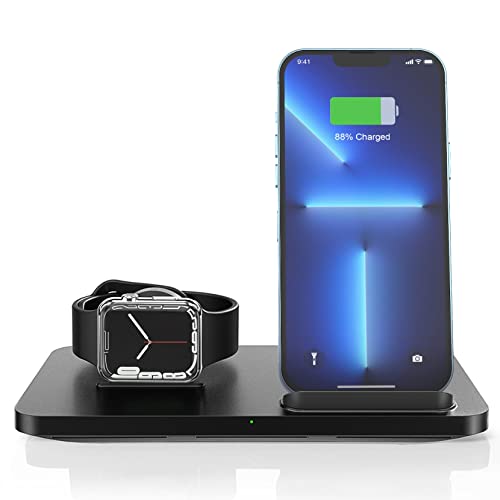 Wireless Charger 15W, 2 in 1 Wireless Charging Station, Fast Wireless Charger for iPhone 13 12 11 Pro Max X XS/iWatch Series, Fast Qi Wireless Charger Dock Station(Adapter Include)