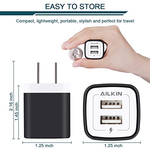 USB Wall Charger, Charger Adapter, AILKIN 6-Pack 2.1Amp Dual Port Quick Charger Plug Cube Replacement for iPhone X/8/7/6S/6S Plus/6 Plus/6, Samsung Galaxy S7/S6/S5 Edge, LG, HTC, Huawei, Moto etc.
