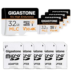 [10x high endurance] gigastone industrial 32gb 5-pack mlc micro sd card, 4k video recording, security cam, dash cam, surveillance compatible 95mb/s, u3 c10, with adapter [5-yrs free data recovery]