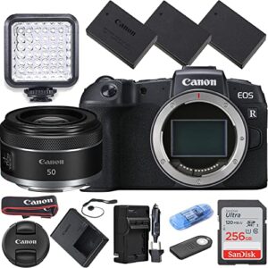 camera bundle for canon eos rp mirrorless camera with rf 50mm f/1.8 stm lens, 3 batteries, led light, 256gb high speed memory card + accessories kit