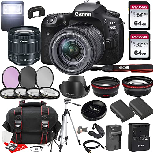 Canon EOS 90D DSLR Camera w/EF-S 18-55mm F/4-5.6 Zoom is STM Lens + 2X 64GB Memory + Hood + Case + Filters + Tripod + More (35pc Bundle)