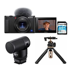 sony zv-1 camera for content creators and vloggers bundle with shotgun microphone, extendable tripod with built-in phone mount and memory card (4 items)