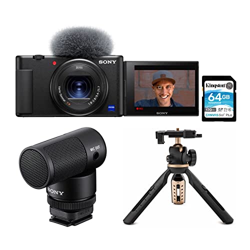 Sony ZV-1 Camera for Content Creators and Vloggers Bundle with Shotgun Microphone, Extendable Tripod with Built-in Phone Mount and Memory Card (4 Items)