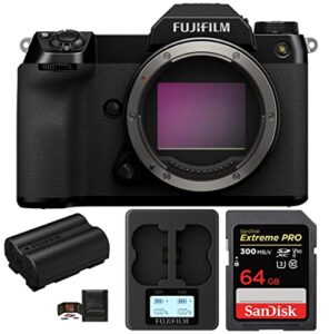 fujifilm gfx 100s medium format mirrorless camera bundle, includes: sandisk 64gb extreme pro memory card, spare fujifilm battery and more (5 items)