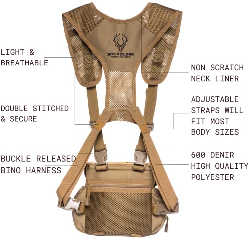 Boundless Performance Binocular Harness Chest Pack - Our Bino Harness case is Great for Hunting, Hiking, and Shooting - Bino Straps Secure Your Binoculars - Holds rangefinders, Bullets, Gear - Coyote