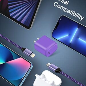 Power Delivery 20W Type USB C Quick Charging Wall Charger Adapter with 3FT Type-C to Lightning Cable for iPhone 14/14 Plus/14Pro/14 Pro Max/13/13Pro/13 Pro Max/12/12Pro/12 Pro Max/11/11 Pro Max-Purple