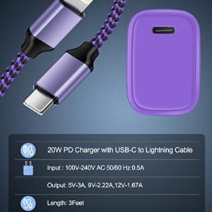 Power Delivery 20W Type USB C Quick Charging Wall Charger Adapter with 3FT Type-C to Lightning Cable for iPhone 14/14 Plus/14Pro/14 Pro Max/13/13Pro/13 Pro Max/12/12Pro/12 Pro Max/11/11 Pro Max-Purple