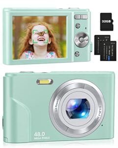 digital camera for kids,1080p 48mp autofocus kids camera with 32gb sd card, kids digital video camera with 16x zoom, compact portable mini cameras for kids, girls, boys, teens (green)