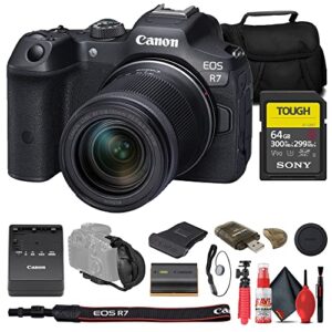canon eos r7 mirrorless camera with 18-150mm lens (5137c009) + sony 64gb tough sd card + bag + card reader + flex tripod + hand strap + memory wallet + cap keeper + cleaning kit (renewed)