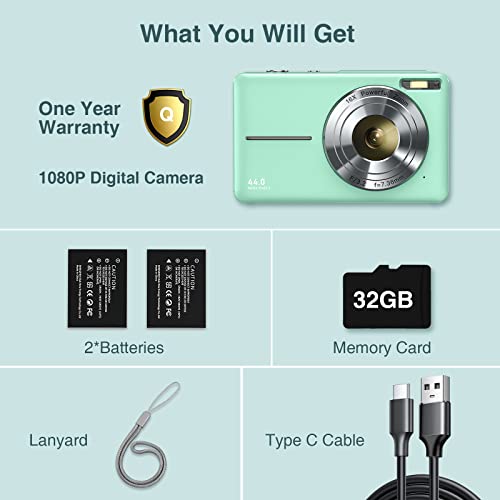 Digital Camera 1080P 44MP Kids Camera Digital Point and Shoot Camera with 32GB Memory Card,16X Zoom Vlogging Camera for Children Boys Girls Students