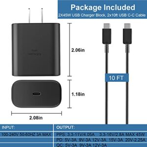 45W Samsung Super Fast Type C Charger with 10FT Android Phone Fast Charging Cable for Samsung Galaxy S23 Ultra/S23/S22 Ultra/S22/S21/S20, Note 10+ 5G/Note 20, Galaxy Tab S7/S8