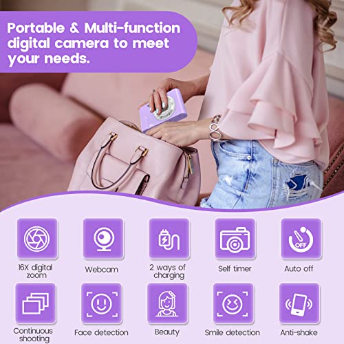 Digital Camera, HUMIDIER FHD 1080P 36MP 16X Digital Zoom Mini Vlogging Video Camera with Battery Charger, Compact Portable Cameras Point and Shoot Camera for Kids,Teens,Beginners (Purple)
