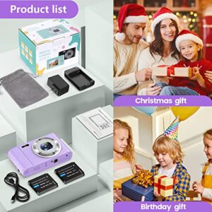Digital Camera, HUMIDIER FHD 1080P 36MP 16X Digital Zoom Mini Vlogging Video Camera with Battery Charger, Compact Portable Cameras Point and Shoot Camera for Kids,Teens,Beginners (Purple)