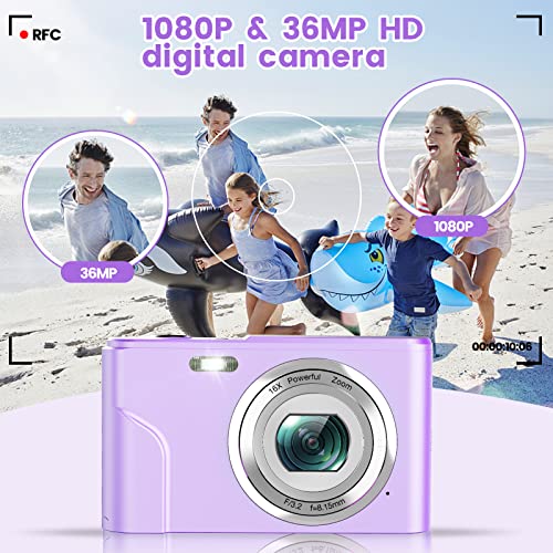 Digital Camera, HUMIDIER FHD 1080P 36MP 16X Digital Zoom Mini Vlogging Video Camera with Battery Charger, Compact Portable Cameras Point and Shoot Camera for Kids,Teens,Beginners (Purple)