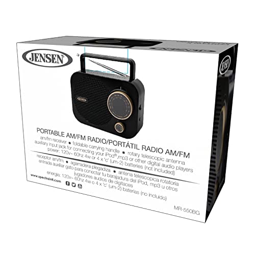 Jensen MR-550 Gold Modern Portable AM/FM Radio, Vintage Retro Rotary Dial with Built in Speakers + Aux Line-in, Power Plug or 4 x ‘C’ Batteries - (Limited Edition)