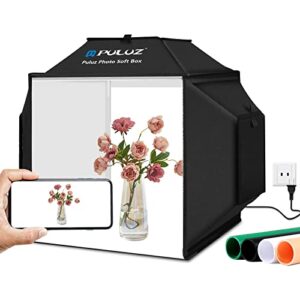 puluz photo studio soft box,16×16 inches portable light box photography shooting tent kit with hight cri 480 led lights & 4 color backdrops for product photography