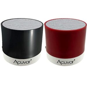 2 acuvar wireless rechargeable mini speaker pods with micro sd card reader and usb compatibility (red & black)