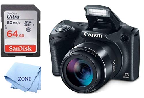 Canon PowerShot SX420 Digital Camera w/42x Optical Zoom - Wi-Fi & NFC Enabled (Black) + 64GB SD Memory Card (Renewed)