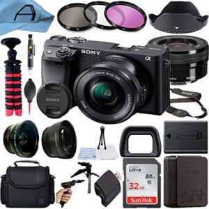 sony alpha a6400 mirrorless digital camera 24.2mp sensor with 16-50mm lens, sandisk 32gb memory card, gadget bag, tripod and a-cell accessory bundle (renewed)