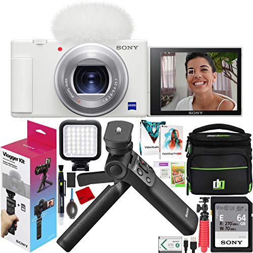 Sony ZV-1 Compact Digital 4K Camera Vlogger Creator's Kit ACCVC1 Includes GP-VPT2BT Shooting Grip with Wireless Remote Commander + 64GB Card DCZV1/W Bundle Deco Gear Case + LED Light and Accessories