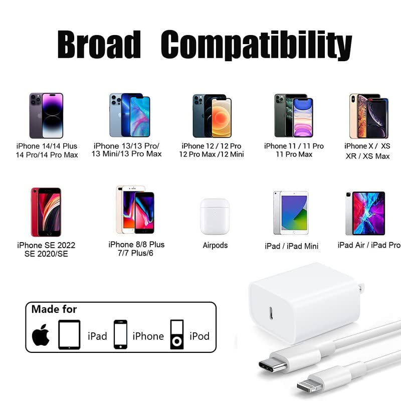 iPhone 14 Charger,Fast Charger iPhone [Apple MFi Certified]Type C Charger USB C to Lightning Cable 20W Fast Charging Adapter Block for iPhone 14/13 Pro Max/iPhone 12 Mini/12 Pro Max/11/XS/XR/X/SE/iPad