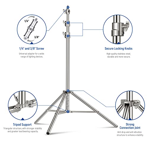 NEEWER 7.2ft/2.2m Stainless Steel Light Stand, Spring Cushioned Heavy Duty Photography Tripod Stand with 1/4” to 3/8” Universal Screw Adapter for Strobe,LED Video Light,Ring Light, Monolight, Softbox