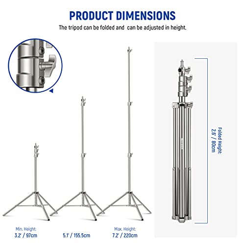 NEEWER 7.2ft/2.2m Stainless Steel Light Stand, Spring Cushioned Heavy Duty Photography Tripod Stand with 1/4” to 3/8” Universal Screw Adapter for Strobe,LED Video Light,Ring Light, Monolight, Softbox