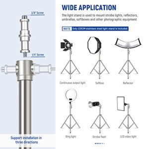 NEEWER 7.2ft/2.2m Stainless Steel Light Stand, Spring Cushioned Heavy Duty Photography Tripod Stand with 1/4” to 3/8” Universal Screw Adapter for Strobe,LED Video Light,Ring Light, Monolight, Softbox