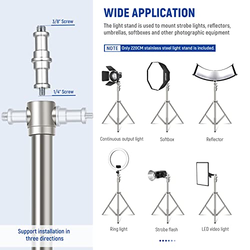 NEEWER 7.2ft/2.2m Stainless Steel Light Stand, Spring Cushioned Heavy Duty Photography Tripod Stand with 1/4” to 3/8” Universal Screw Adapter for Strobe,LED Video Light,Ring Light, Monolight, Softbox