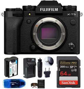 fujifilm x-t5 mirrorless digital camera body bundle, includes: sandisk 64gb extreme pro sdxc memory card, spare battery + more (6 items) (black)
